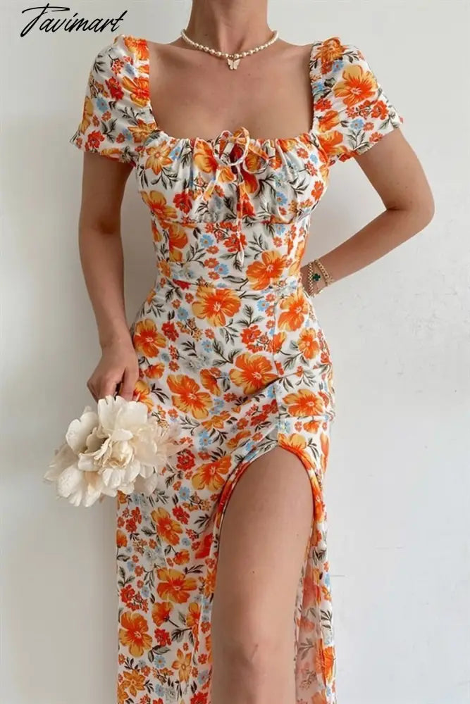 Tavimart Elegant Sweet Floral Print Dress For Women Summer Dresses New Strapless Short Puff Sleeve