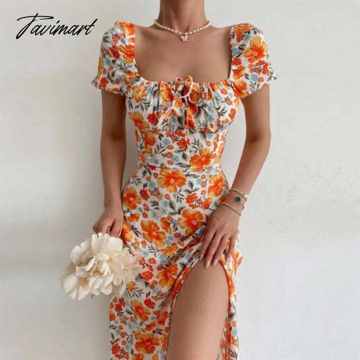 Tavimart Elegant Sweet Floral Print Dress For Women Summer Dresses New Strapless Short Puff Sleeve