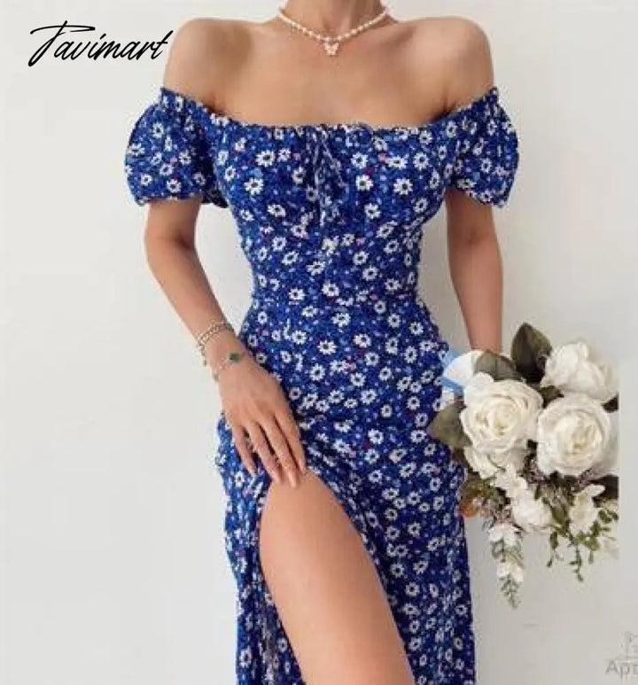 Tavimart Elegant Sweet Floral Print Dress For Women Summer Dresses New Strapless Short Puff Sleeve