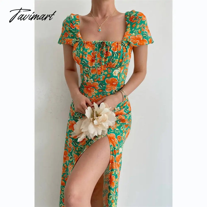 Tavimart Elegant Sweet Floral Print Dress For Women Summer Dresses New Strapless Short Puff Sleeve