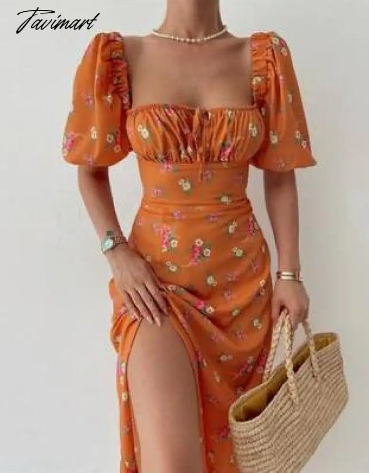 Tavimart Elegant Sweet Floral Print Dress For Women Summer Dresses New Strapless Short Puff Sleeve