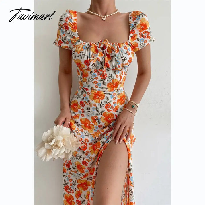 Tavimart Elegant Sweet Floral Print Dress For Women Summer Dresses New Strapless Short Puff Sleeve