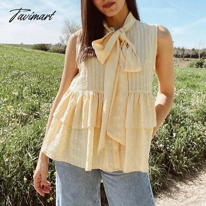 Tavimart Elegant Tie A Bow Deep Ruffled Vintage Sleeveless Blouseрубашка Женская