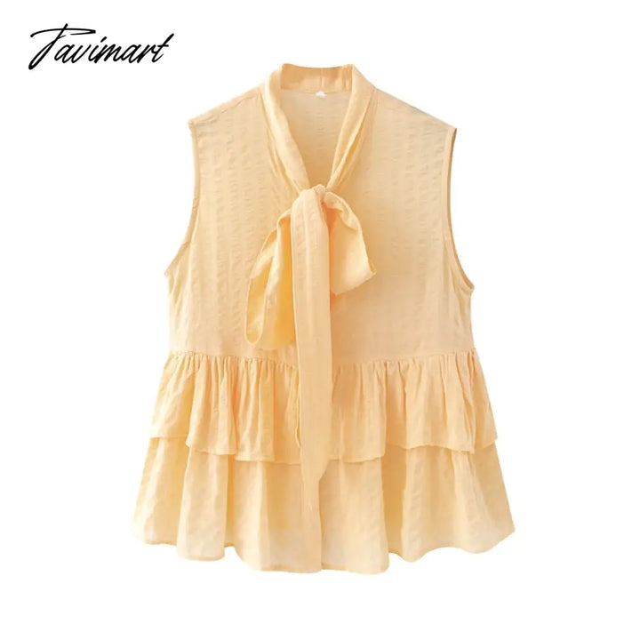 Tavimart Elegant Tie A Bow Deep Ruffled Vintage Sleeveless Blouseрубашка Женская