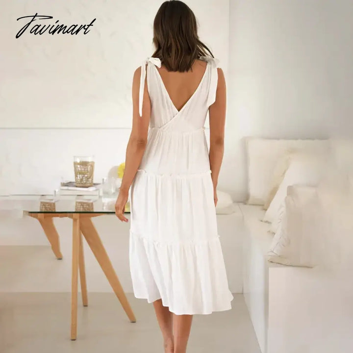 Tavimart Elegant V Neck Lace Up Ruffle High Waist Summer Party Платье Женское Sexy