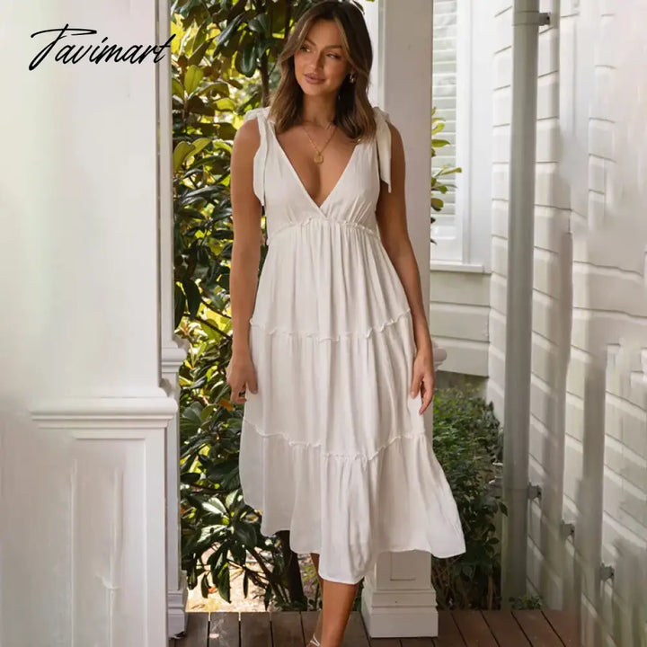 Tavimart Elegant V Neck Lace Up Ruffle High Waist Summer Party Платье Женское Sexy