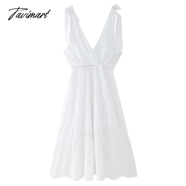 Tavimart Elegant V Neck Lace Up Ruffle High Waist Summer Party Платье Женское Sexy