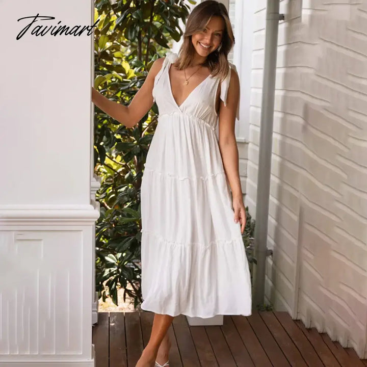 Tavimart Elegant V Neck Lace Up Ruffle High Waist Summer Party Платье Женское Sexy