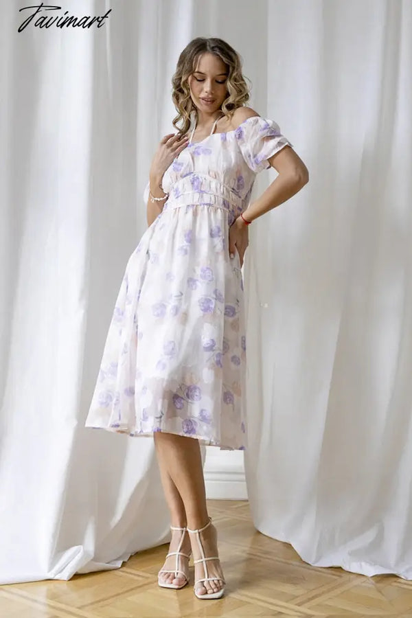 Tavimart Elegant White Bandage Maxi Summer Beach Dress Chiffon Sexy Ladies Sip Purple Floral Long