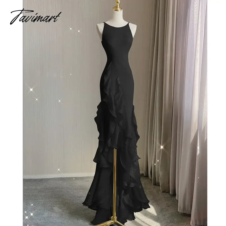 Tavimart - Elegant White Round Neck Slim Fit Sleeveless Women Wedding Dress Evening Party Gown With