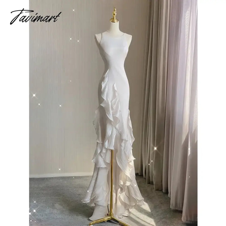 Tavimart - Elegant White Round Neck Slim Fit Sleeveless Women Wedding Dress Evening Party Gown With