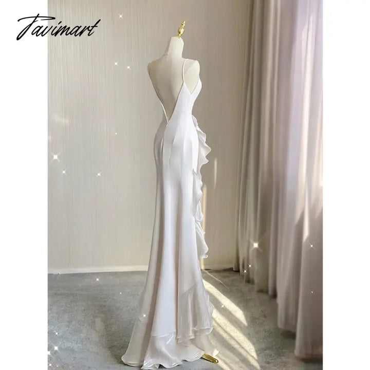 Tavimart - Elegant White Round Neck Slim Fit Sleeveless Women Wedding Dress Evening Party Gown With