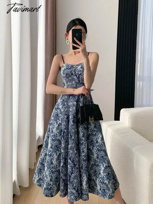 Tavimart Elegant Women Fashion New Floral Casual Midi Dress Spaghetti Strap Slim A - Line Maxi