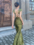 Tavimart Elegant Women Green Satin Backless Mixi Dress Palace Short Sleeve Lace V-Neck Bandage Vintage Bodycon Dress Robe Summer Vestidos
