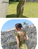 Tavimart Elegant Women Green Satin Backless Mixi Dress Palace Short Sleeve Lace V - Neck Bandage