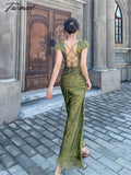 Tavimart Elegant Women Green Satin Backless Mixi Dress Palace Short Sleeve Lace V - Neck Bandage