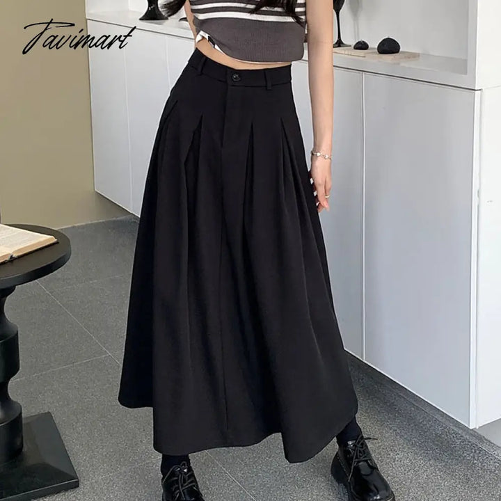 Tavimart Elegant Women Long Black Suits Skirts For Female Pockets Ol Casual Loose A - Line High