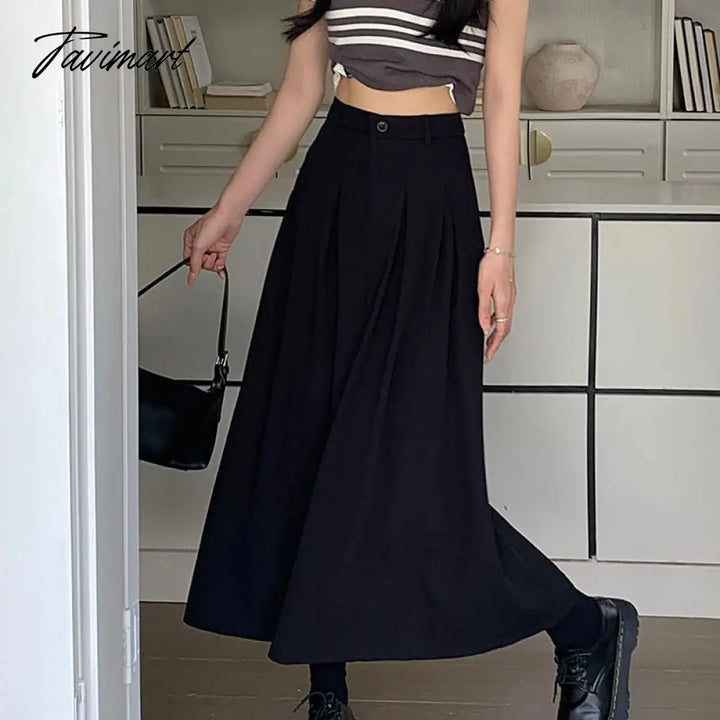 Tavimart Elegant Women Long Black Suits Skirts For Female Pockets Ol Casual Loose A - Line High