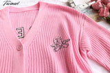 Tavimart Embroidered Angelic Pink Knitted Cardigan Cozy Loose Fit Front Button Sweater Women Soft