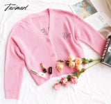 Tavimart Embroidered Angelic Pink Knitted Cardigan Cozy Loose Fit Front Button Sweater Women Soft