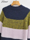Tavimart England Style Fashion Retro Striped Sweaters Color Contrast O - Neck Loose Women Pullovers