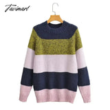 Tavimart England Style Fashion Retro Striped Sweaters Color Contrast O - Neck Loose Women Pullovers