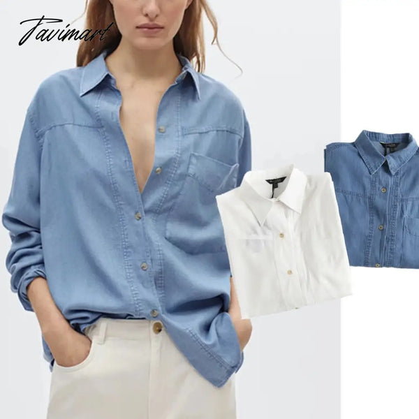 Tavimart England Style Fashion Women Blouse Big Pockets Loose Denim Denimblusas Mujer De Moda Shirt