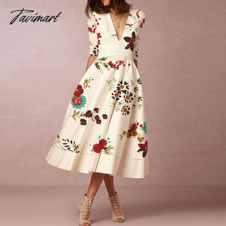 Tavimart Europe And The United States In Summer New Women’s Fashion Printing V - Neck Dresses