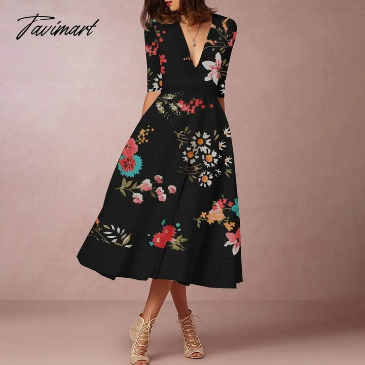 Tavimart Europe And The United States In Summer New Women’s Fashion Printing V - Neck Dresses