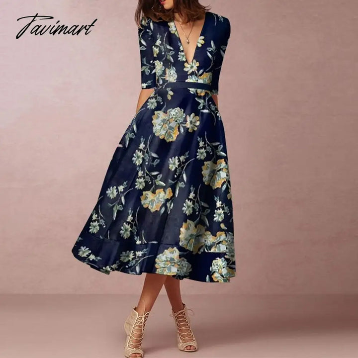 Tavimart Europe And The United States In Summer New Women’s Fashion Printing V - Neck Dresses