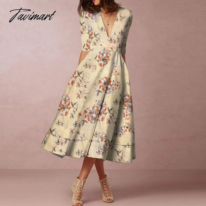 Tavimart Europe And The United States In Summer New Women’s Fashion Printing V - Neck Dresses