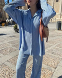 Tavimart European American Fashion Causal Pleated Pants Blouse Shirt 2 Pieces Set Women Suits