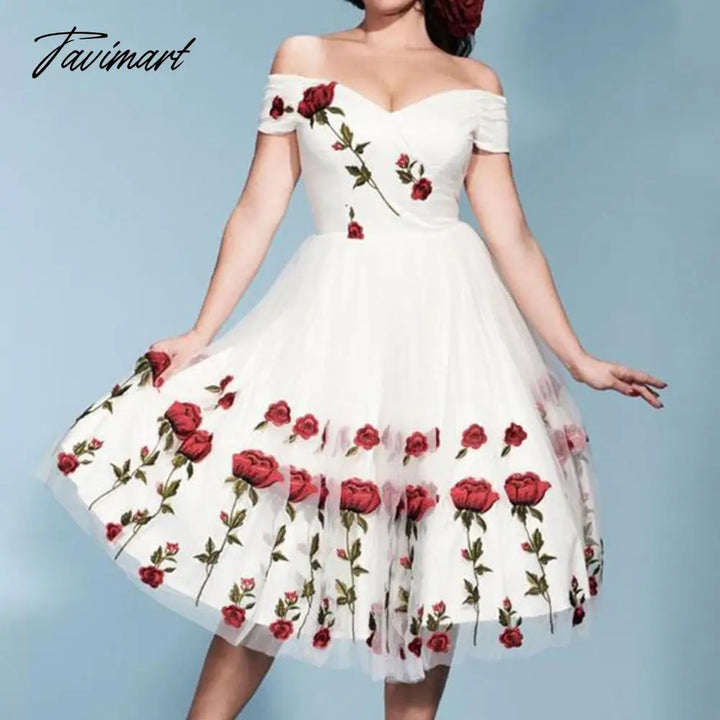 Tavimart European And American Spring New Women’s French Retro Evening Dress One Neck Embroidery