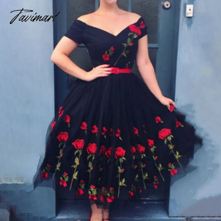 Tavimart European And American Spring New Women’s French Retro Evening Dress One Neck Embroidery