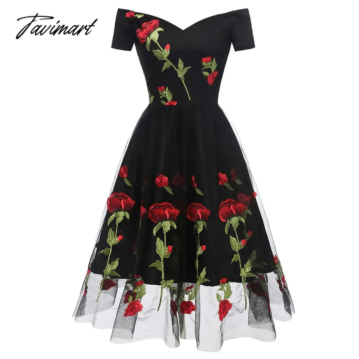 Tavimart European And American Spring New Women’s French Retro Evening Dress One Neck Embroidery