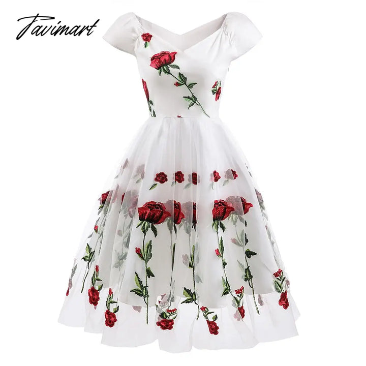 Tavimart European And American Spring New Women’s French Retro Evening Dress One Neck Embroidery