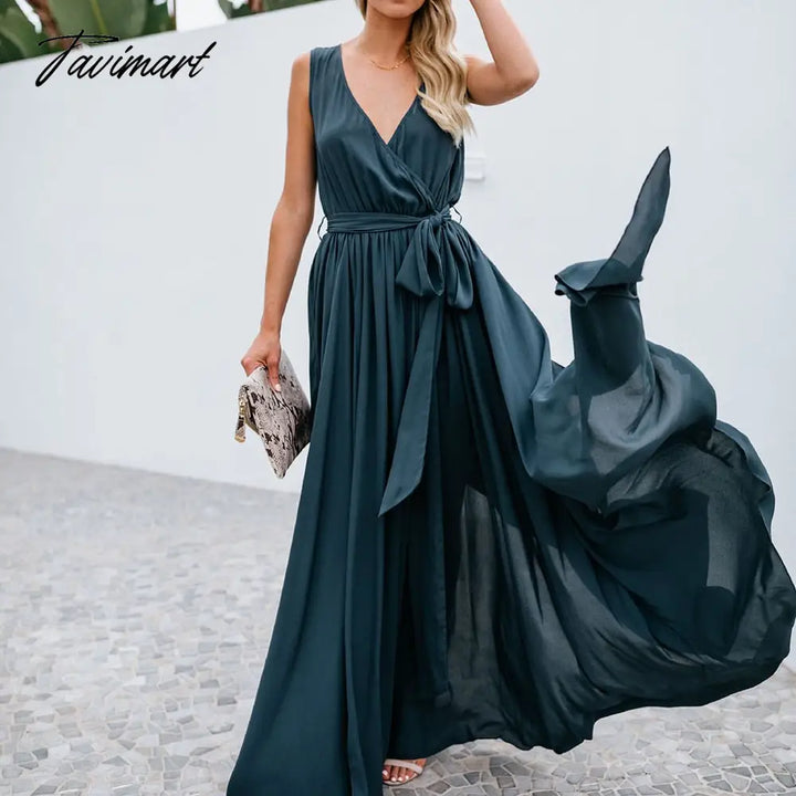 Tavimart European And American Summer New Women’s Clothing Solid Color V - Neck Sleeveless Dress