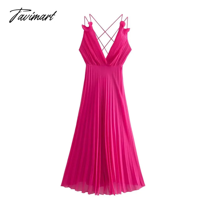 Tavimart Evening Party Dresses For Women Frill Trim Double Strap Elegant Pleated Dress Deep V Neck