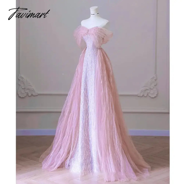 Tavimart - Exquisite Pink Beaded Sequins Wedding Dress Evening Party Gown With Detachable Tulle