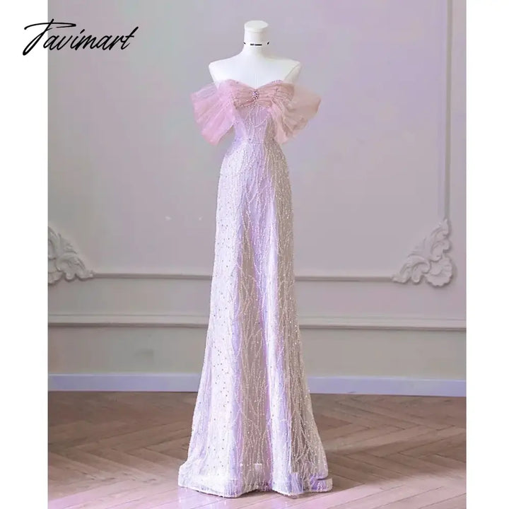 Tavimart - Exquisite Pink Beaded Sequins Wedding Dress Evening Party Gown With Detachable Tulle