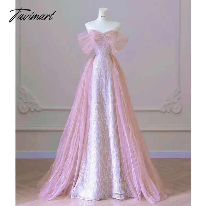 Tavimart - Exquisite Pink Beaded Sequins Wedding Dress Evening Party Gown With Detachable Tulle