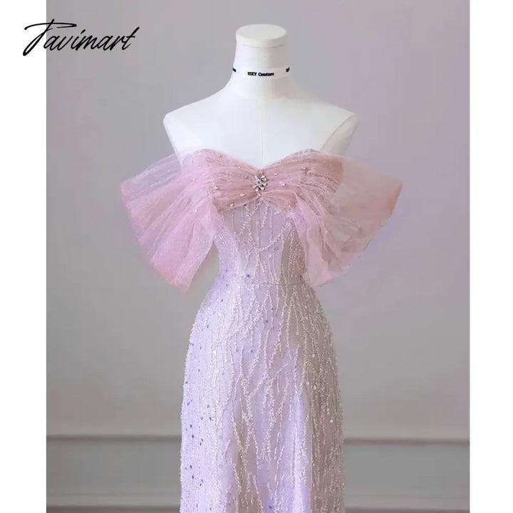 Tavimart - Exquisite Pink Beaded Sequins Wedding Dress Evening Party Gown With Detachable Tulle