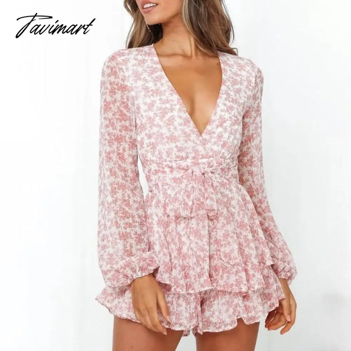 Tavimart Fahion V Neck Chiffon Jumpsuit Women Ruffled Lace Up Long Sleeve Playsuit Floral Print