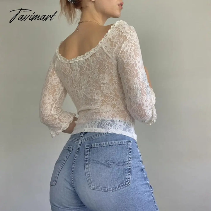 Tavimart Fairy Coquette Floral Lace T - Shirt Low Cut Front Tie Up White Tees Chic Women Vintage