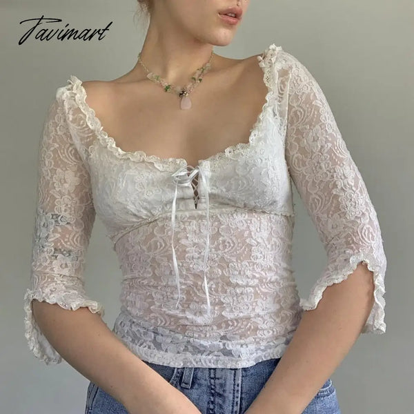 Tavimart Fairy Coquette Floral Lace T - Shirt Low Cut Front Tie Up White Tees Chic Women Vintage