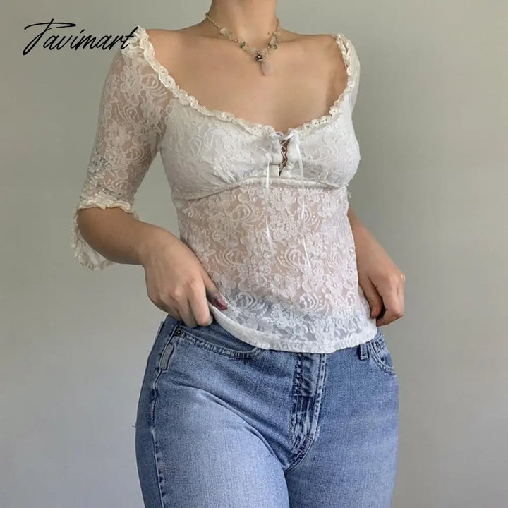 Tavimart Fairy Coquette Floral Lace T - Shirt Low Cut Front Tie Up White Tees Chic Women Vintage