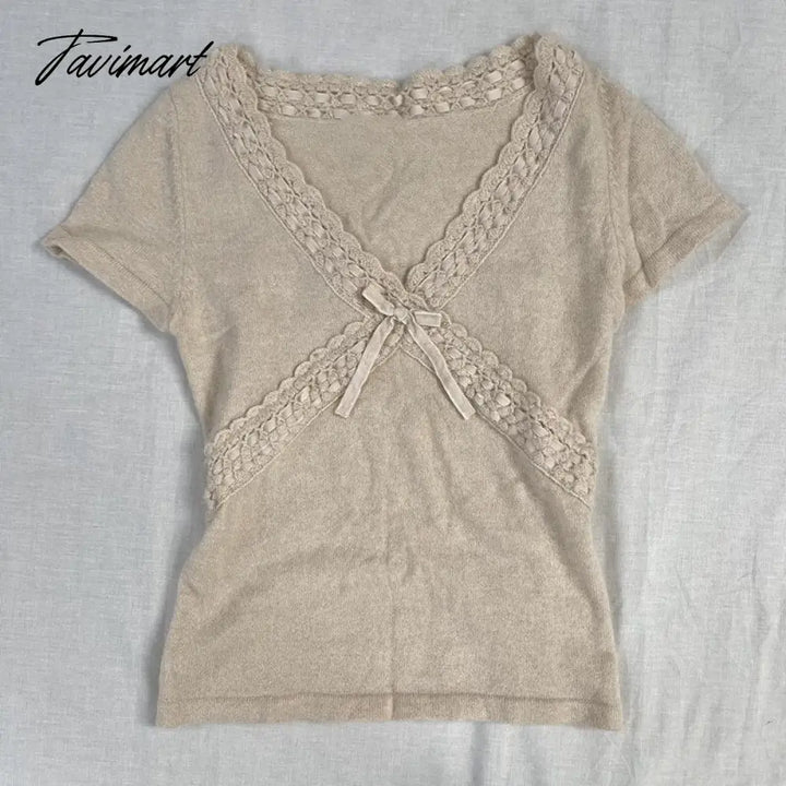 Tavimart Fairy Grunge Lace Trim Cropped Tops 00S Vintage Aesthetics Cute Bow V Neck Short Sleeve