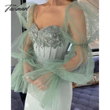 Tavimart Fairy Mint Green Prom Dresses Sheer Long Sleeves Sweetheart Boning Sheath Evening Beaded