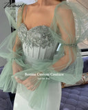 Tavimart Fairy Mint Green Prom Dresses Sheer Long Sleeves Sweetheart Boning Sheath Evening Beaded