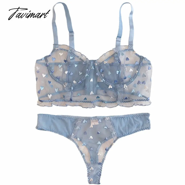 Tavimart Fantasy Blue Embroidery Love Transparent Mesh Sexy Lingerie Panty Half Cup Gathered